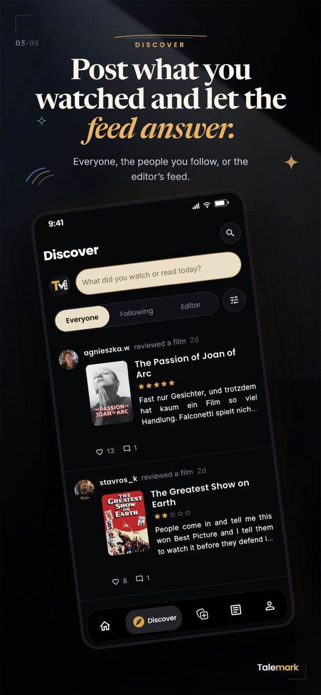 Discover: share what you watched and get a response in the feed